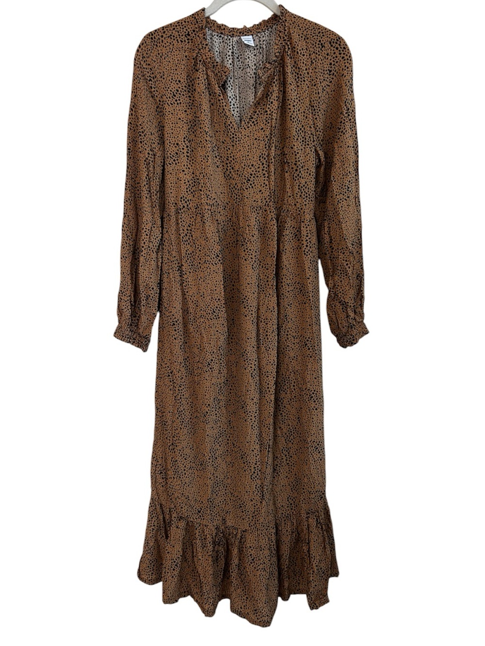 Old Navy Brown Animal Print Long Sleeve Midi Dress with Ruffle Hem Size Small